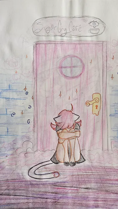 Colored pencil drawing of a small pink-haired cat girl crying in front of the pink door of the SugarCry Café.