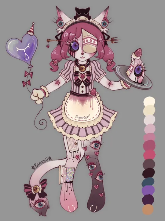 SugarCry character sheet: a pink-haired cat girl in a striped maid outfit with an eyepatch, an eyeball balloon and a cake, beside pastel palette swatches.